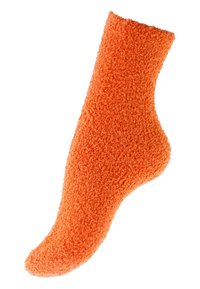 Chaussette orange en peluche, fabriquée en matériau doux avec une texture moelleuse, présentant une forme contoured pour un ajustement confortable autour du pied.