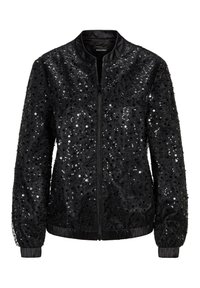 Perfecto noir avec fermeture éclair à l'avant, manches longues et entièrement recouvert de sequins pour un effet texturé et scintillant. Poignets et ourlet côtelés.