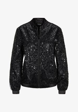 Schwarze Bomberjacke mit Reißverschluss, langen Ärmeln und mit Pailletten bedeckt für einen strukturierten, schimmernden Effekt. Rippbündchen und Saum.