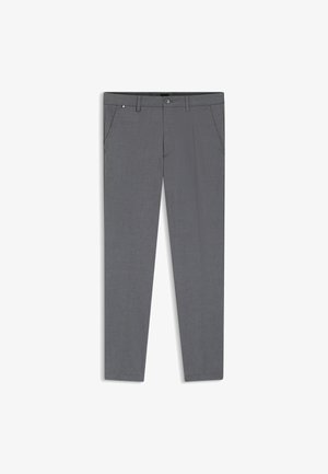 Pantaloni grigi in tessuto intrecciato, con design aderente, due tasche anteriori e chiusura con un solo bottone in vita.