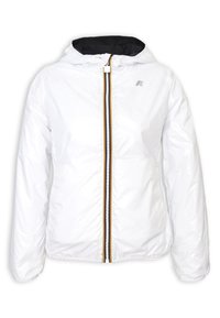 Giacca leggera bianca con interno nero, zip frontale con strisce gialle e blu, e cappuccio con cordino. Logo sul petto.