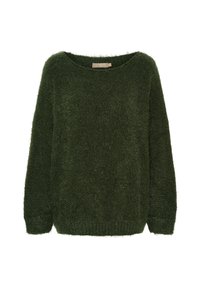 Grön fluffig tröja med vid halsringning och långa ärmar. Har en mjuk textur och en lös passform, tillverkad av ett material med medelvikt.