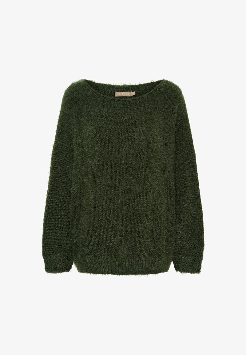 Grön fluffig tröja med vid halsringning och långa ärmar. Har en mjuk textur och en lös passform, tillverkad av ett material med medelvikt.