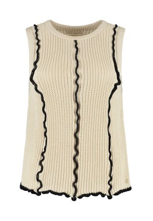 Beige gebreide mouwloze top met zwart gerimpeld accent, ronde halslijn en golvende zoom. Gestructureerde stof, casual ontwerp.