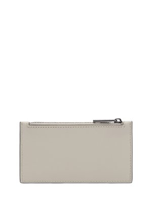 Rectangular beige leather pouch with visible stitching and a closed silver zipper along the top edge on a white background.