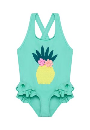 Costume intero verde acqua con spalline incrociate, decorato con una grafica di ananas giallo con squame stratificate e fiori rosa, bordi arricciati.
