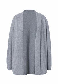 Ljusgrå öppen cardigan gjord av mjukt tyg. Har avslappnade ärmar, en ribbad krage och sömmar med en subtil texturerad finish.