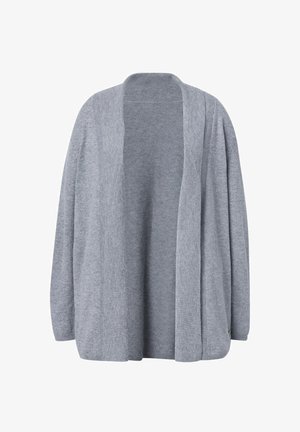 Jasnoszara, otwarta kardigan wykonana z miękkiego materiału. Ma luźne rękawy, prążkowany kołnierz oraz szwy o subtelnym, teksturowanym wykończeniu.