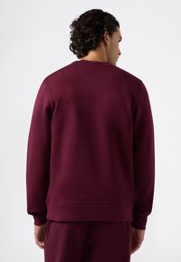 Felpa bordeaux realizzata in morbido tessuto, con scollatura a girocollo, polsini e orlo a costine, caratterizzata da una texture liscia e un design semplice.