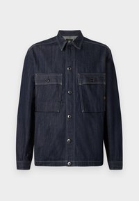 Donkerblauwe denim jas met lange mouwen, kraag, knoopsluiting aan de voorkant en twee grote klepzakken met knopen op de borst.