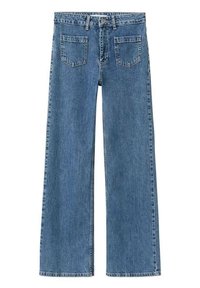 Jeans de mezclilla azul de tiro alto, de pierna recta, con cierre frontal de botón y cremallera, y dos bolsillos frontales tipo parche.