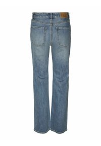 Blå denimjeans med rette ben, med to baklommer og et brunt merke på livet. Lett falmet tekstur.