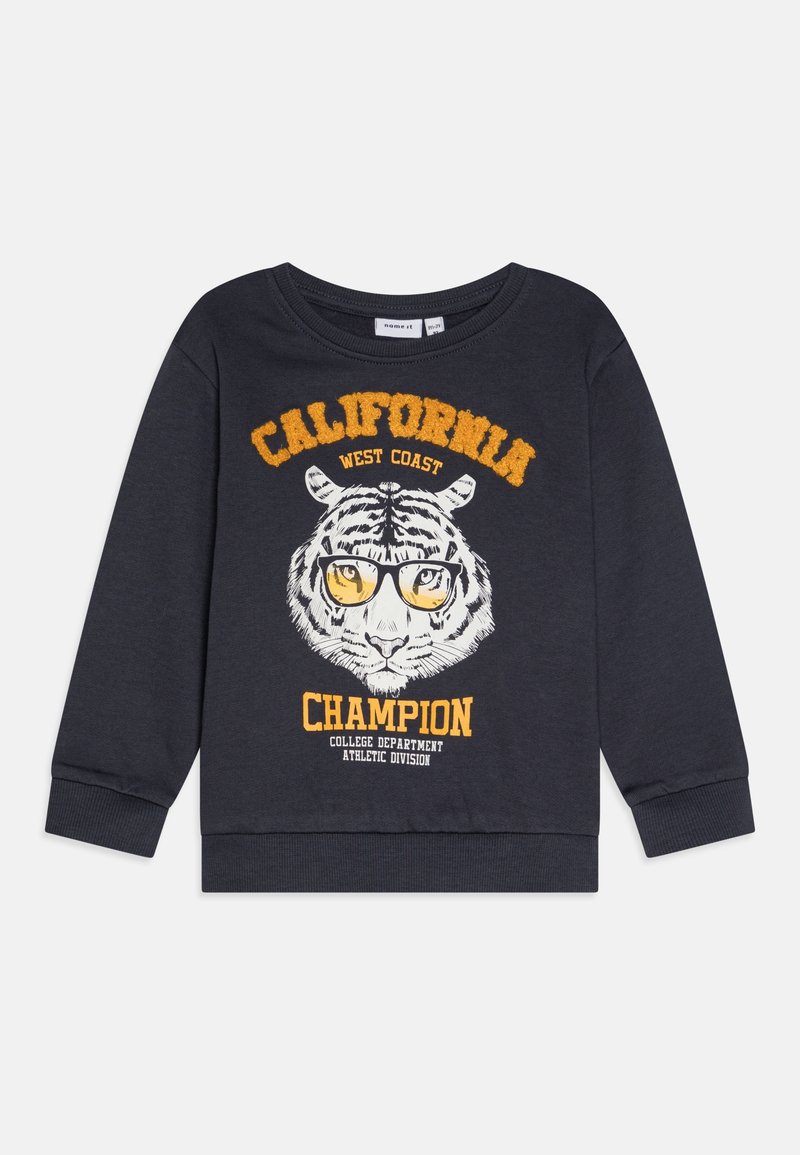 Chemise à manches longues bleu marine avec un visage de tigre portant des lunettes et le texte « California West Coast Champion College Department Athletic Division ».