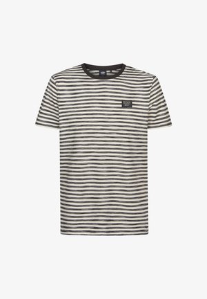 Gestreiftes kurzärmeliges T-Shirt in Creme und Marineblau, mit klassischem Rundhalsausschnitt und einem kleinen, aufgedruckten Logo-Patch auf der Brust.