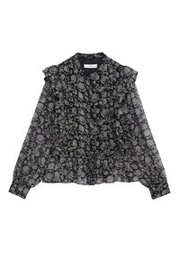 Blusa nera con motivi floreali, caratterizzata da un colletto e maniche a volantino, tessuto trasparente, intricato motivo paisley e una vita elasticizzata con rifinitura a frange.