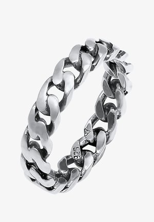 Hõbedane kett-sõrmus omavahel seotud linkidega, poleeritud viimistlus ning tembeldatud "925", mis näitab, et tegu on sterlinghõbedaga. Ümar kuju, sile tekstuur.