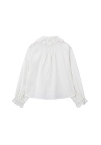White long-sleeve blouse with lace-trimmed collar and cuffs, vertical pleats below the collar, displayed flat from the back.