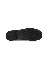 Suela de zapato de goma negra con patrones texturizados y ranuras para tracción, con el nombre de la marca "SHABIES" grabado cerca del talón.