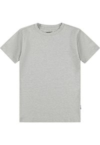 Maglietta in cotone grigia chiara, maniche corte, colletto tondo, colore uniforme, senza motivi, con un piccolo etichetta del brand sul lato inferiore.
