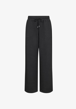 Melnas plašu kāju sporta bikses ar elastīgu jostu un aizdares auklu, izgatavotas no mīksta auduma, attēlotas izklātas uz balta fona.