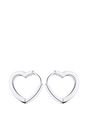 Pair of silver heart-shaped hoop earrings with a smooth, polished finish on a white background.