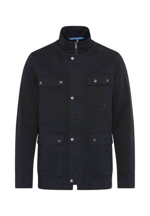 Veste noire pour homme avec col montant, fermeture éclair sur le devant et boutons-pression, quatre poches à rabat avec fermetures pression, manches longues.