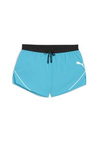 Türkise Sportshorts mit schwarzem elastischem Bund, Kordelzug und weißem Logo. Verfügt über kontrastierende Seitenpaneele und Mesh-Details.