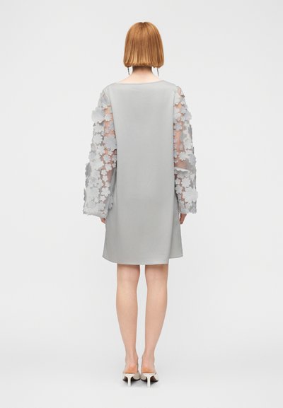 Γκρι φορέματα με μακριά διαφανή μανίκια που διαθέτουν υφασμάτινα διακοσμητικά σε σχήμα λουλουδιών. Απλός, ίσιας κοπής σχεδιασμός, μήκος μέχρι το γόνατο και λεία υφασμάτινη επιφάνεια.