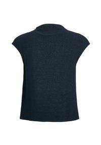 Haut noir sans manches avec un subtil éclat, col rond et ourlet droit, vu de dos sur fond blanc.