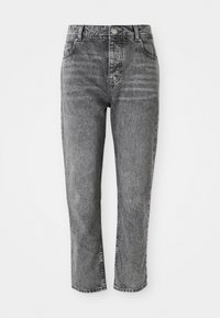 Jeans de mezclilla gris con una cintura alta, corte recto, que presentan bolsillos frontales y un pequeño detalle de botón de metal en la cinturilla.