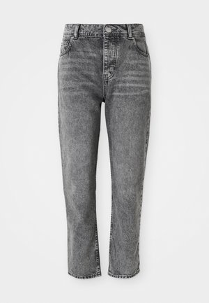 Grijze denim jeans met een hoge taille, rechte pijpen, voorzien van voorzakken en een klein metalen knopdetail op de tailleband.