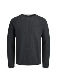 Suéter de manga larga gris oscuro con cuello redondo, hecho de un tejido texturizado. Presenta mangas raglán y un ajuste estándar.