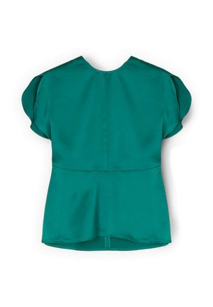 Bluzka w kolorze morskim z krótkim rękawem z falbankami, dopasowaną talią i delikatnym dołem z baskinką, widoczna od tyłu na białym tle.