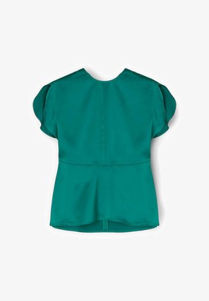 Blusa corta a maniche corte color turchese con maniche a svolazzo, vita aderente e orlo leggermente a peplo, vista da dietro su sfondo bianco.