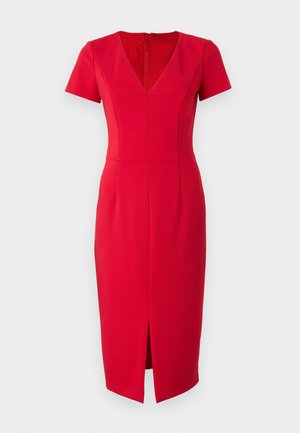 Red midi dress with short sleeves, V-neckline, and front slit, made from smooth fabric, featuring seam detailing. Hidden back zipper closure.