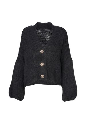 Chunky schwarzer Strickcardigan mit Ballonärmeln, V-Ausschnitt und drei dekorativen goldenen Knöpfen auf der Vorderseite.