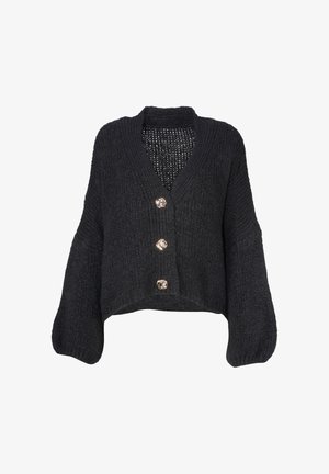 Chunky schwarzer Strickcardigan mit Ballonärmeln, V-Ausschnitt und drei dekorativen goldenen Knöpfen auf der Vorderseite.