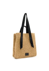 Borsa tote in paglia intrecciata con manici in tessuto nero. Forma rettangolare, superficie texturizzata e pannello con marchio sulla parte anteriore.
