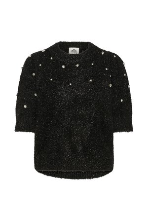 Black fuzzy short-sleeve sweater adorned with scattered clear beads. Soft texture, rounded neckline, and ribbed hem.