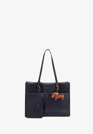 Sac cabas structuré bleu marine avec longues anses, pochette zippée à l'avant et porte-clés en forme de chien en cuir marron.