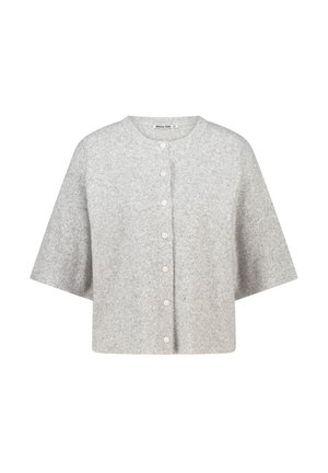 Helles grau, kurzärmlige, knöpfbare Strickjacke mit rundem Ausschnitt und weichem, strukturiertem Stoff.