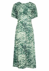 Grünes Kleid mit floralem Muster, kurzen Ärmeln, knielangem Design, weichem Stoff und rundem Ausschnitt. Strukturiertes, von der Natur inspiriertes Druckmuster.