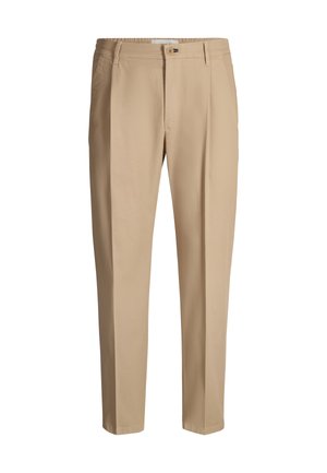 Beige, lichte broek met een rechte pijp, elastische tailleband, knoopsluiting en plooien aan de voorkant. Gladde textuur, zonder patronen.