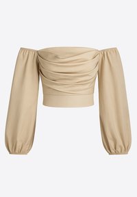 Beiges Off-Shoulder-Oberteil mit langen, aufgepufften Ärmeln. Verfügt über gerafften Stoff vorne und elastische Bündchen für einen figurbetonten Look.