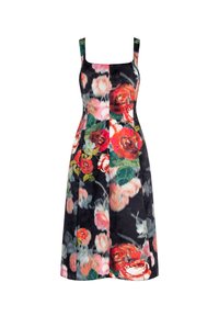 Blumenkleid mit quadratischer Ausschnitt, ärmellosem Design, lebhaften roten und rosa Rosen auf einem dunklen Hintergrund und einem ausgestellten Rock.