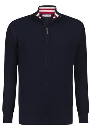 Mørkeblå ribbet strikzip-sweater med stribede detaljer på kraven; har sidelommer og tætsiddende manchetter for et slankt udseende.