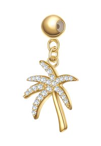 Auksinė palmių medžio pakabuką su skaidriais akmenų akcentais, apvalia tvirtinimo detalė viršuje ir poliruotu paviršiumi.