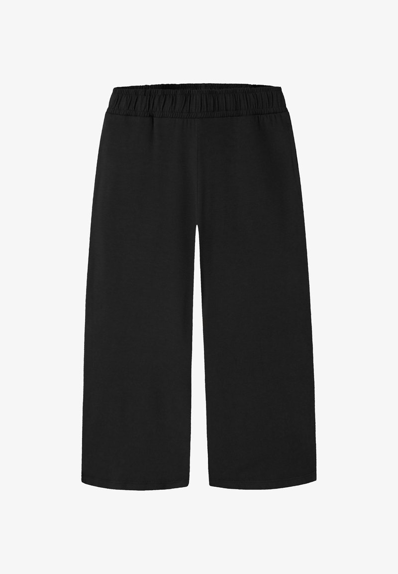 Melnas plašas bikses ar elastīgu jostasvietu, īsā garuma un brīva piegriezuma.