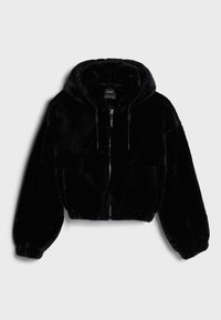 Felpa corta nera in materiale plush con zip frontale, cappuccio regolabile con cordino e orlo e polsini elasticizzati.