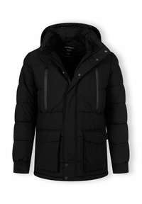 Črna puhovka s kapuco, z zadrgo na prsnem žepu, dvema sprednjima žepoma s pokrovom in rebrastimi manšetami. Teksturen, kviltan material.